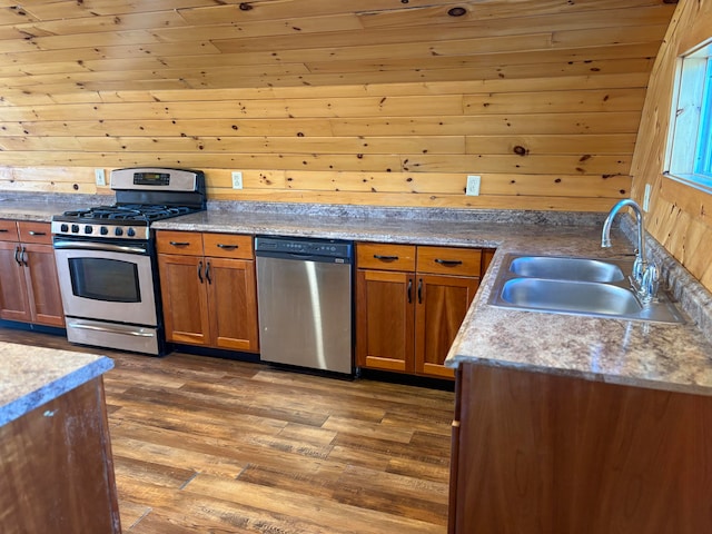 kitchen featuring wood ceiling, dark wood-type flooring, sink, and stainless steel appliances