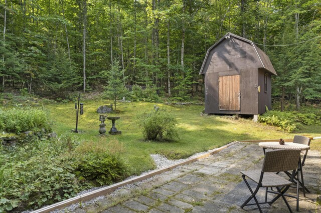 view of yard featuring a shed and a patio