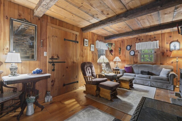 living room with wood-type flooring, wood ceiling, wooden walls, and beamed ceiling