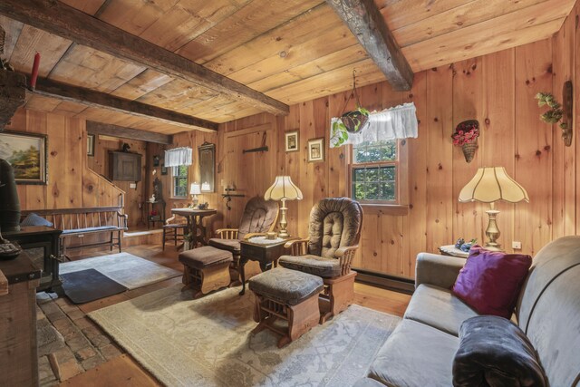 living room featuring hardwood / wood-style floors, wood ceiling, a baseboard radiator, and beamed ceiling