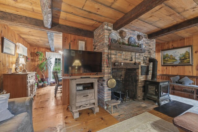 living room with beamed ceiling, hardwood / wood-style floors, a wood stove, and wooden walls