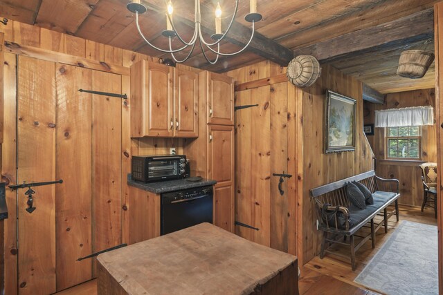 kitchen featuring dishwasher, wood ceiling, and light hardwood / wood-style floors