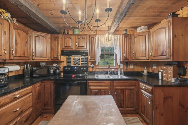 kitchen featuring black appliances, wood ceiling, a chandelier, and sink