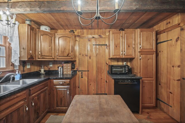 kitchen with dishwasher, wood ceiling, wood-type flooring, and wood walls