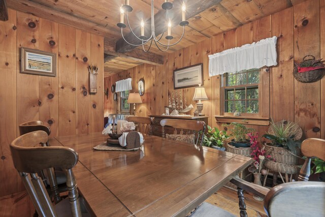 dining area featuring wood ceiling, a chandelier, hardwood / wood-style flooring, and wood walls