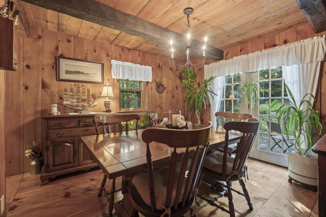 dining area with a notable chandelier, wooden ceiling, beam ceiling, and wooden walls