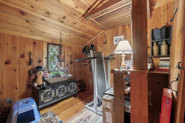 miscellaneous room with lofted ceiling, wood walls, hardwood / wood-style flooring, and wood ceiling