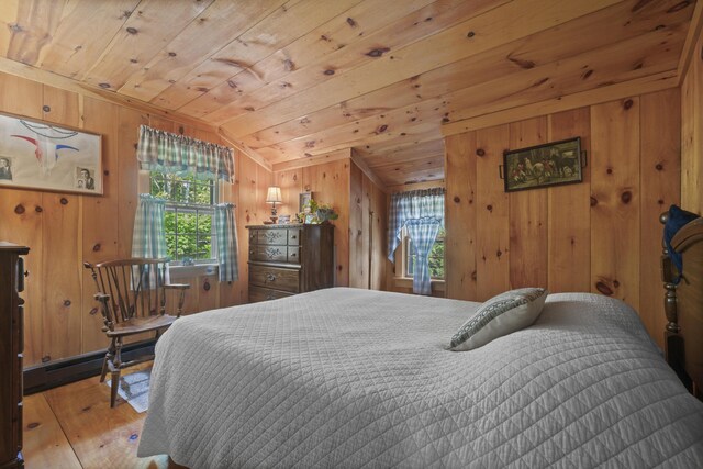 bedroom featuring lofted ceiling, wood walls, wooden ceiling, and light hardwood / wood-style floors