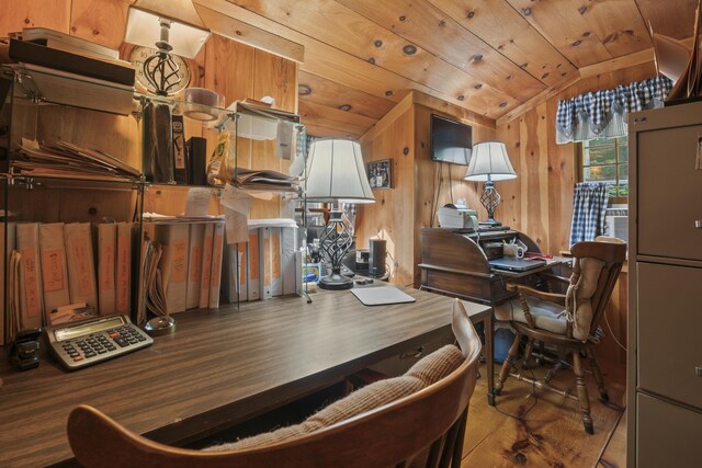 interior space with lofted ceiling, wood walls, wood-type flooring, and wood ceiling