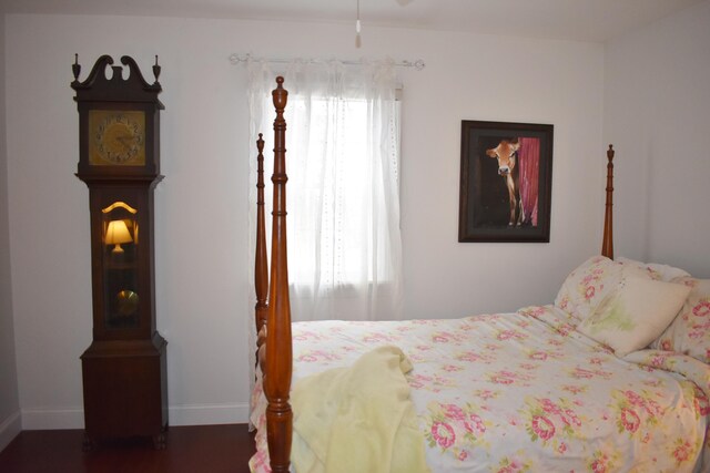 bedroom featuring dark wood-type flooring and multiple windows