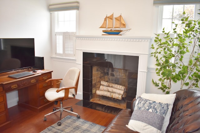 home office featuring dark hardwood / wood-style floors and a healthy amount of sunlight