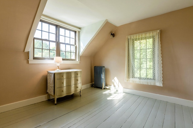 additional living space with radiator heating unit and light hardwood / wood-style flooring