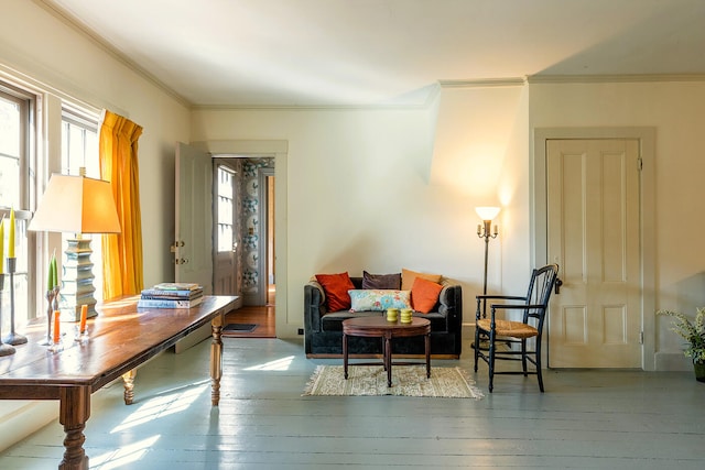 interior space with a healthy amount of sunlight, ornamental molding, and hardwood / wood-style floors