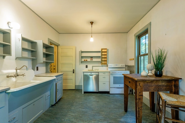 kitchen featuring hanging light fixtures, sink, white electric range, blue cabinets, and stainless steel dishwasher