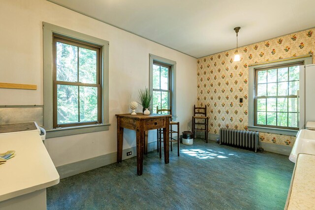 office featuring dark colored carpet, radiator, and a healthy amount of sunlight