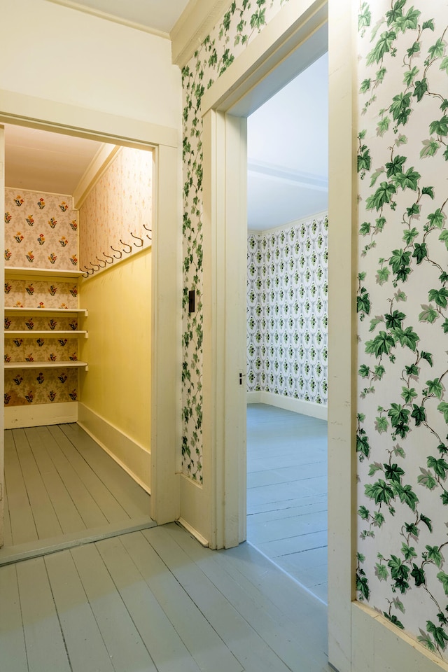 hall featuring crown molding and hardwood / wood-style floors