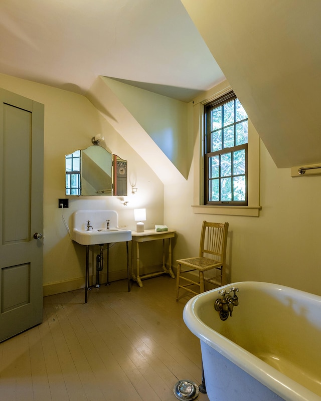 bathroom featuring wood-type flooring, a tub, and sink