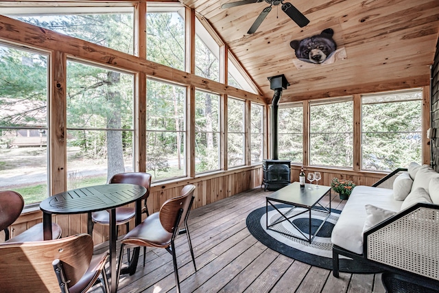 sunroom / solarium featuring a wood stove, ceiling fan, wood ceiling, and lofted ceiling