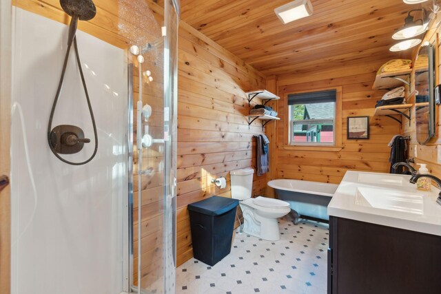 1270 Lakeview Dr Unit 23, China, ME 04358 - bathroom with wooden ceiling, vanity, tile patterned floors, wood walls, and a stall shower