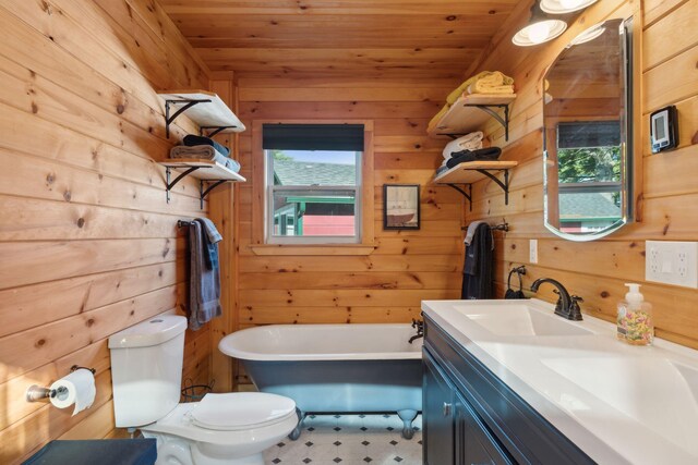 1270 Lakeview Dr Unit 23, China, ME 04358 - bathroom with wood ceiling, wood walls, toilet, a freestanding tub, and vanity