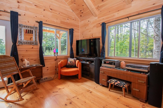 407 Pleasant River Rd, Milo, ME 04463 - interior space with wooden ceiling, wood walls, light wood-style flooring, and lofted ceiling