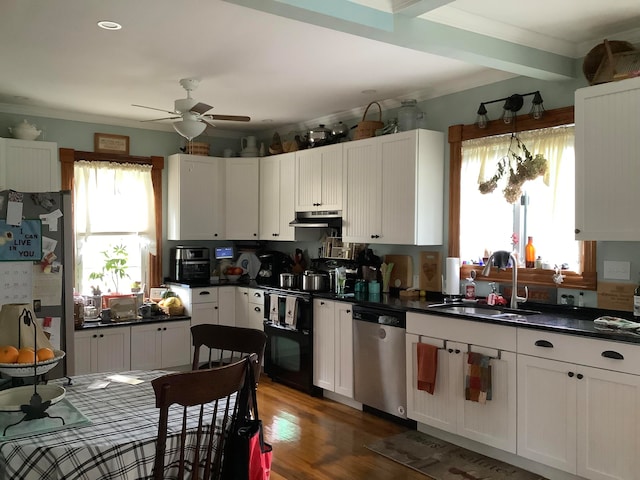 kitchen with dishwasher, sink, fridge, white cabinetry, and ceiling fan