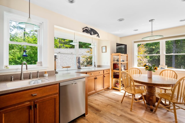 48 Camrock Dr, Rockport, ME 04856 - kitchen featuring dishwasher, a sink, hanging light fixtures, brown cabinetry, and recessed lighting