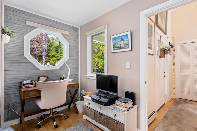 48 Camrock Dr, Rockport, ME 04856 - office featuring light wood finished floors, an accent wall, and a baseboard radiator