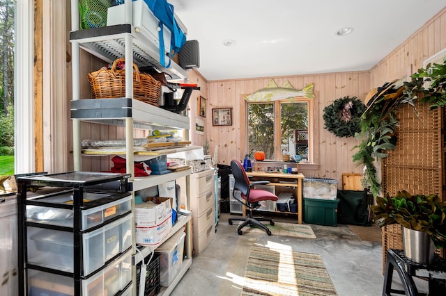 48 Camrock Dr, Rockport, ME 04856 - office with wooden walls, concrete floors, and recessed lighting