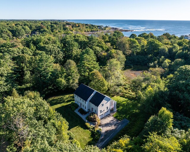 aerial view with a water view and a wooded view