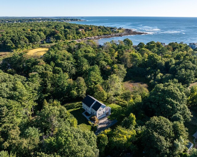 birds eye view of property with a forest view and a water view