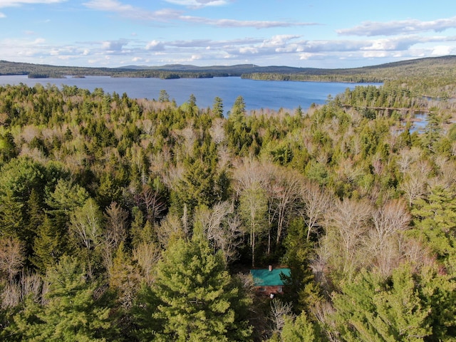 aerial view with a forest view and a water view