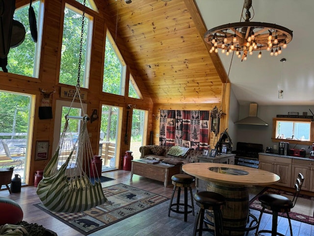 dining room with hardwood / wood-style floors, high vaulted ceiling, and wooden ceiling