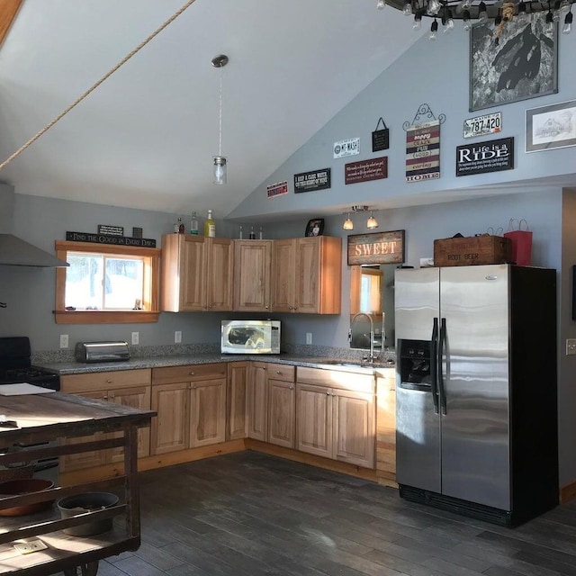 kitchen featuring hanging light fixtures, appliances with stainless steel finishes, sink, wall chimney exhaust hood, and dark wood-type flooring