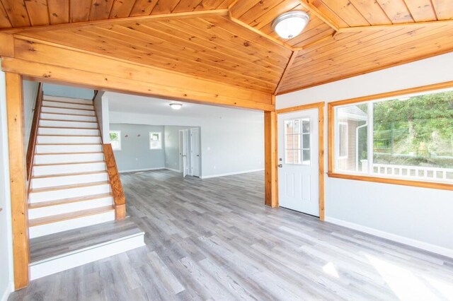 12 Sunset Ln, Otis, ME 04605 - interior space with wood finished floors, baseboards, lofted ceiling, stairs, and wood ceiling