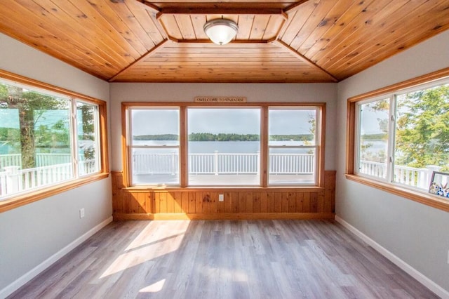 12 Sunset Ln, Otis, ME 04605 - unfurnished sunroom featuring lofted ceiling, a water view, and wooden ceiling