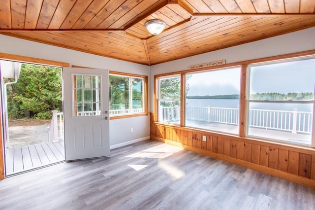 12 Sunset Ln, Otis, ME 04605 - unfurnished sunroom with lofted ceiling, wood ceiling, and a water view