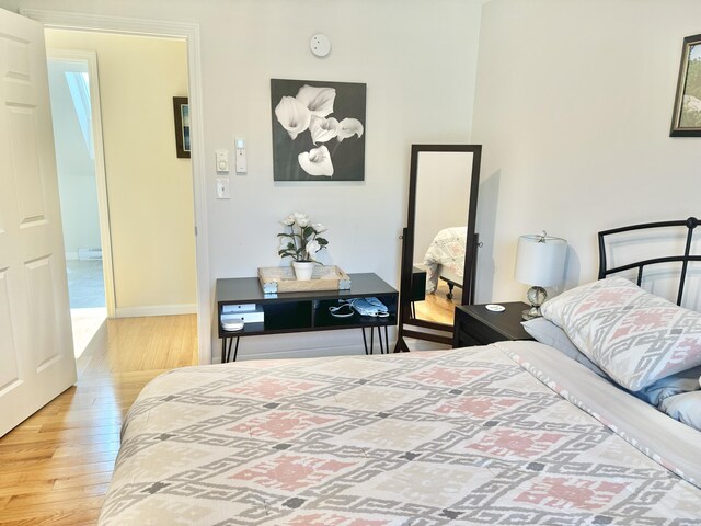 bedroom featuring a baseboard radiator and light hardwood / wood-style floors