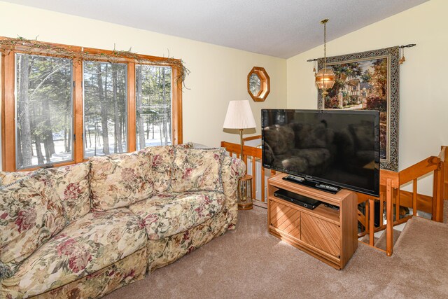 carpeted living room featuring vaulted ceiling and a textured ceiling