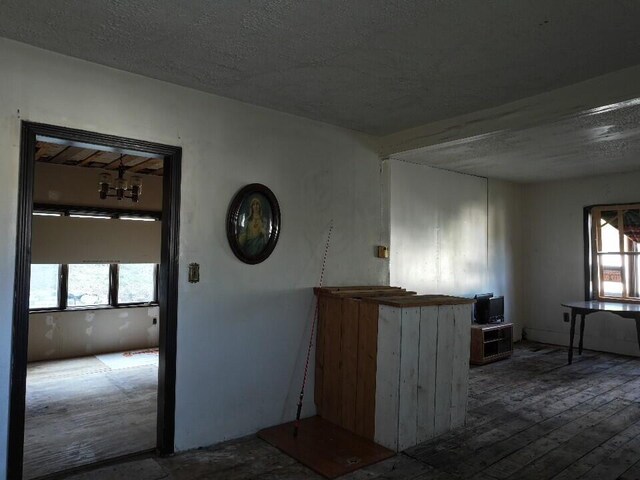 empty room with wood-type flooring and a textured ceiling