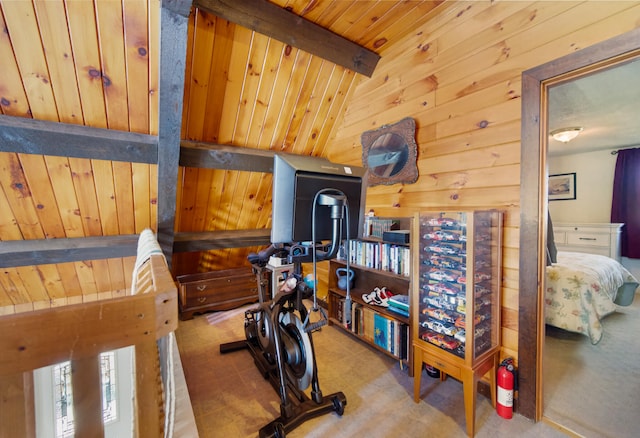 bedroom with wooden ceiling, wooden walls, and vaulted ceiling with beams