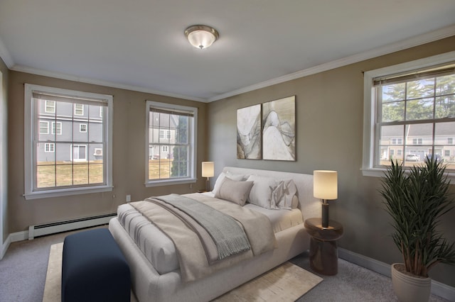 bedroom featuring light carpet, multiple windows, baseboard heating, and ornamental molding