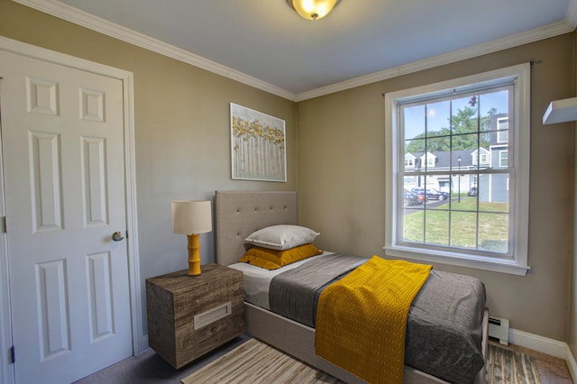 bedroom featuring carpet flooring, a baseboard radiator, and ornamental molding