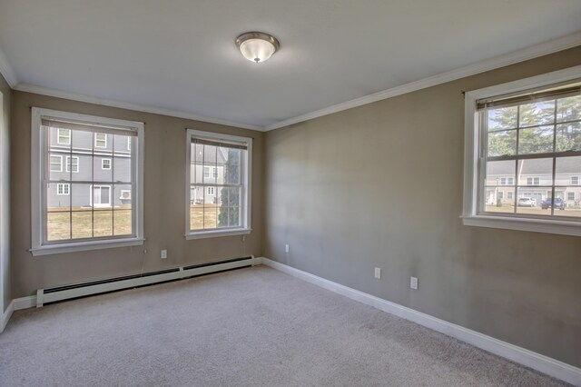 carpeted empty room featuring a baseboard radiator and ornamental molding