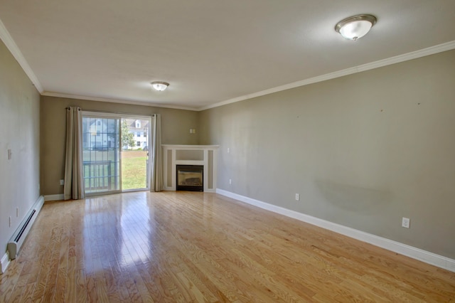 unfurnished living room with crown molding, light hardwood / wood-style flooring, and a baseboard radiator