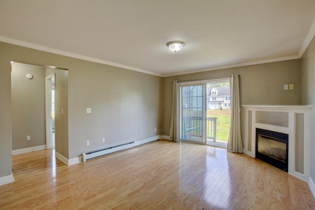 unfurnished living room featuring a baseboard radiator, light wood-type flooring, and crown molding