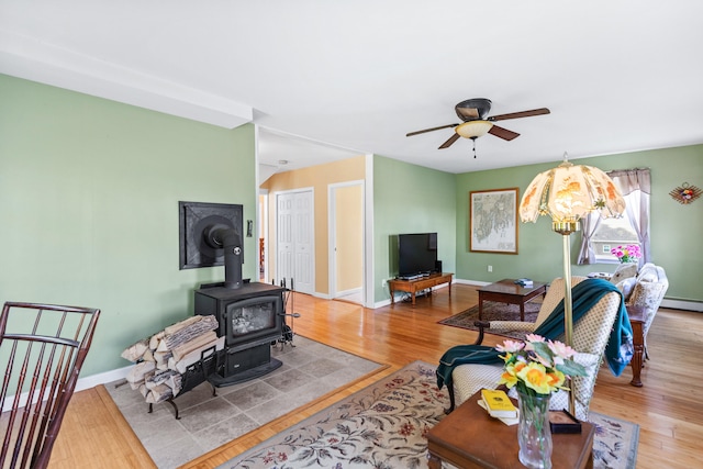 living room featuring ceiling fan, a wood stove, and light hardwood / wood-style flooring