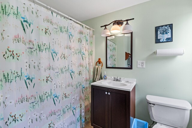 bathroom with toilet, a shower with curtain, and vanity