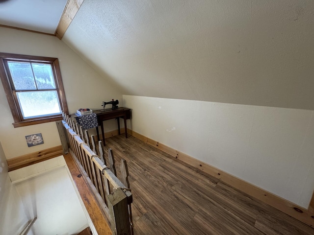 additional living space featuring a textured ceiling, dark hardwood / wood-style flooring, and lofted ceiling