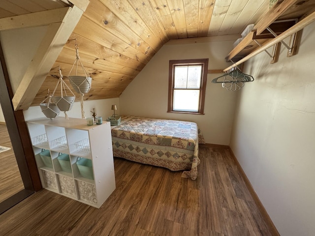 bedroom featuring wood ceiling, vaulted ceiling, and dark wood-type flooring